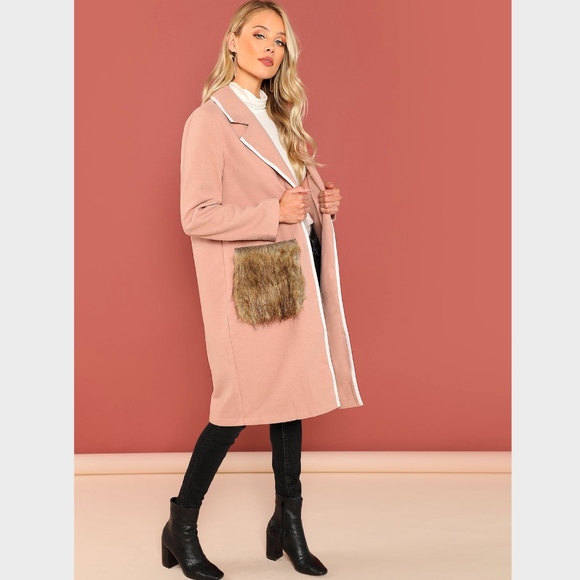 Pink Midi Coat with Faux Fur Pockets - Picture 5 of 9
